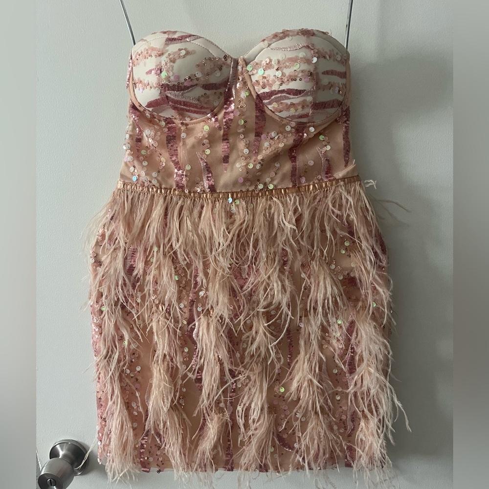 Rose gold strapless cocktail dress